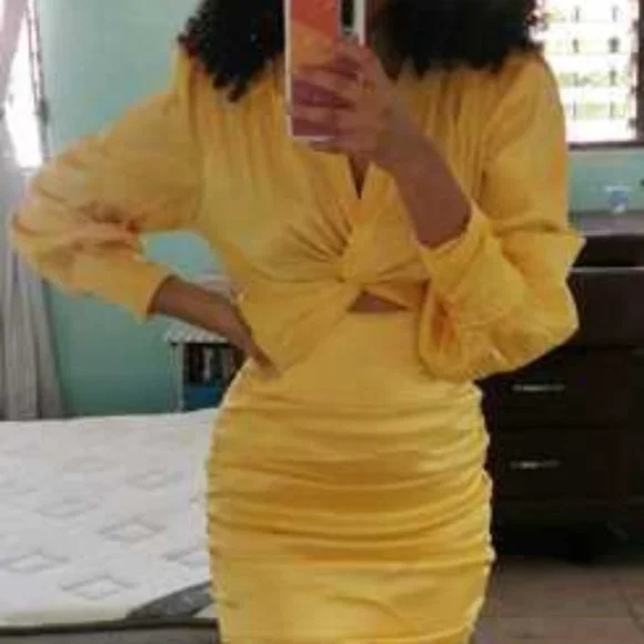 Yellow Satin Ruched Twist Front mini Dress - Picture 6 of 7